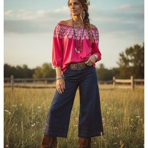 Tommy Hilfiger Off The Shoulder Embroidered Cotton Top Red Boho Size Medium